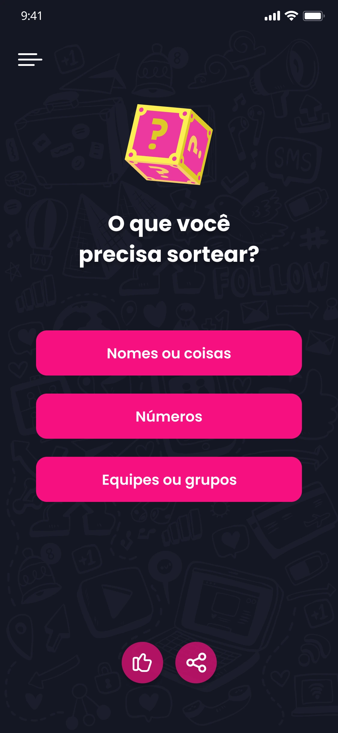 Tela inicial do Sorteio Fácil com as modalidades de sorteio