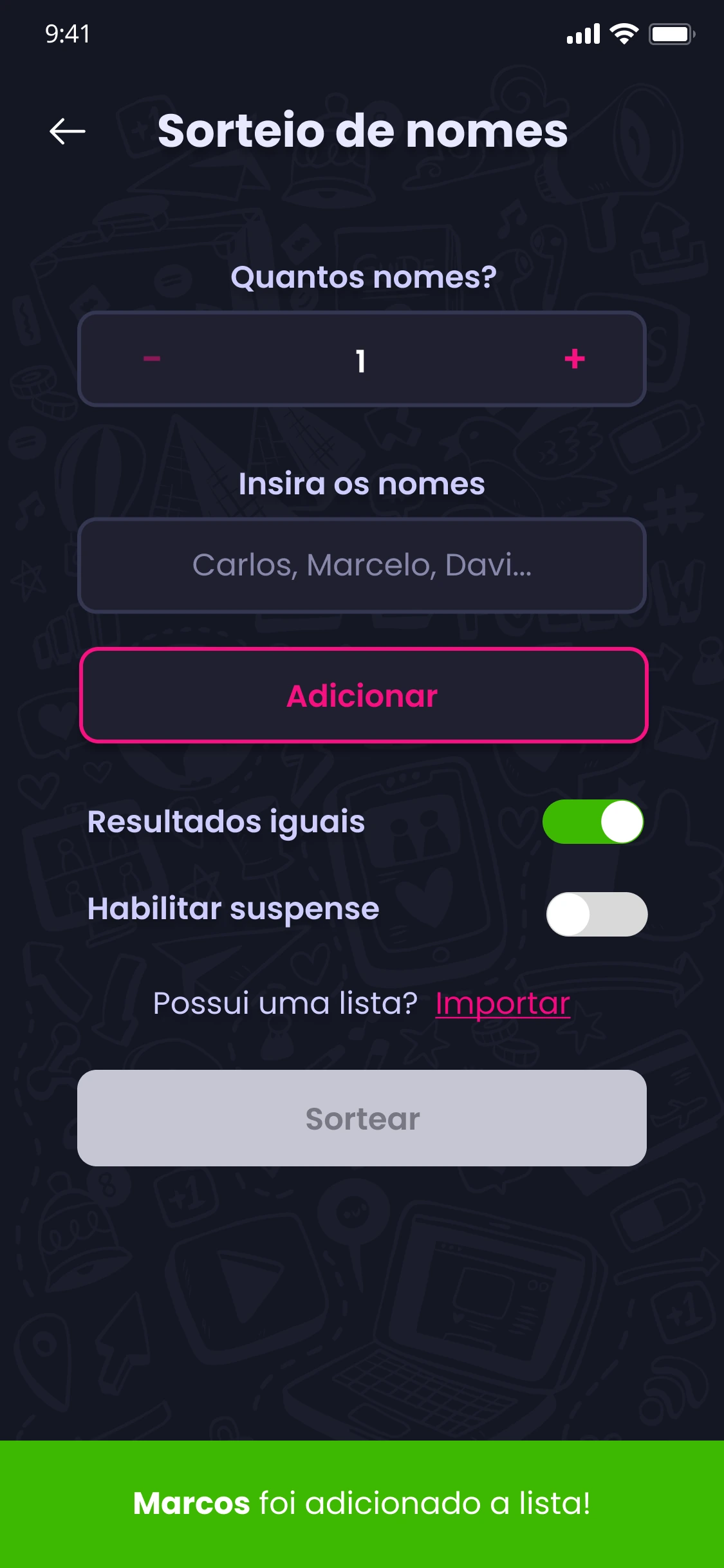 Retorno ao adicionar nome