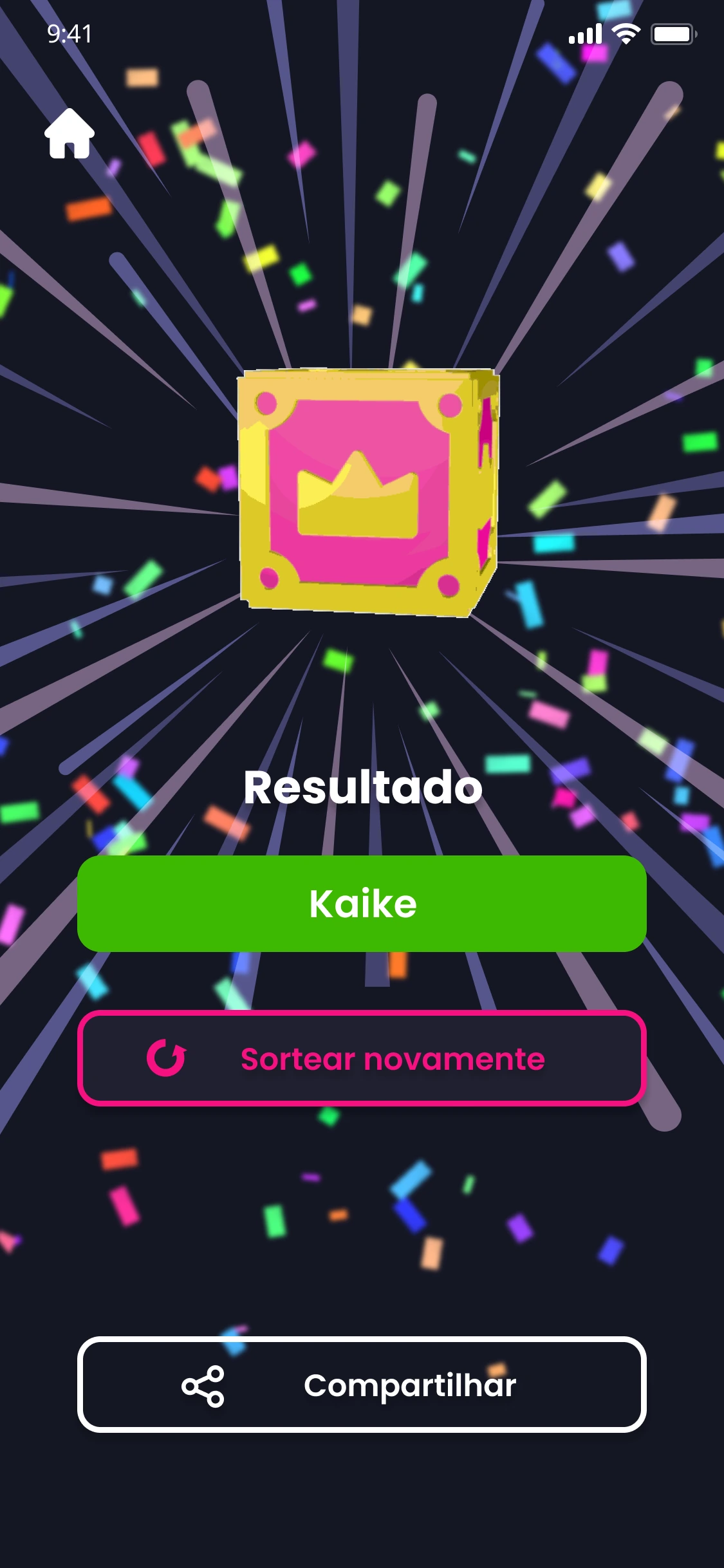Tela de resultado do Sorteio Fácil com elemento em 3D